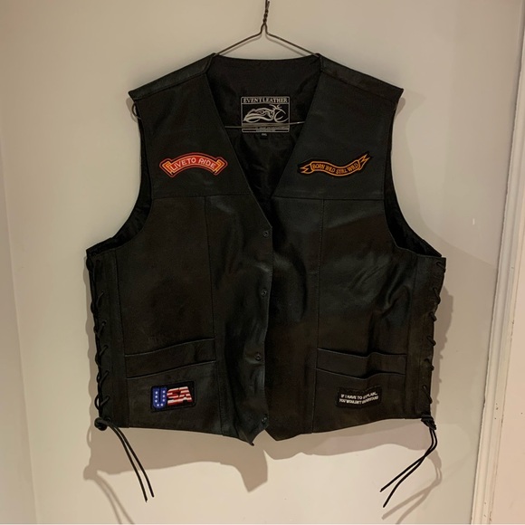 Vest Leather Biker Black Real Cow Motorcycle 9 Patches US Flag Eagle MC ELM3930 - Picture 3 of 5